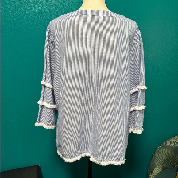 Cynthia Rowley Linen Cotton Blend Long Sleeve Blue & White Stripe Blouse 1X - Picture 4 of 10